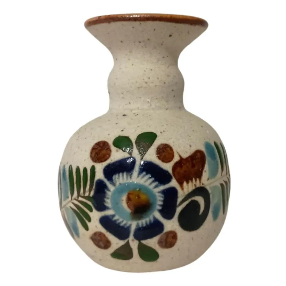 Tonala Pottery Bud Vase MINI Mexico Floral Sandstone Handpainted Signed Western.